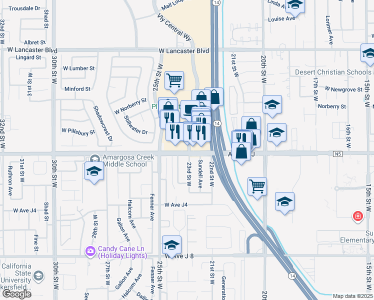 map of restaurants, bars, coffee shops, grocery stores, and more near 44346 Albeck Avenue in Lancaster