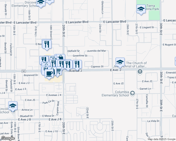 map of restaurants, bars, coffee shops, grocery stores, and more near 2500 East Avenue J in Lancaster
