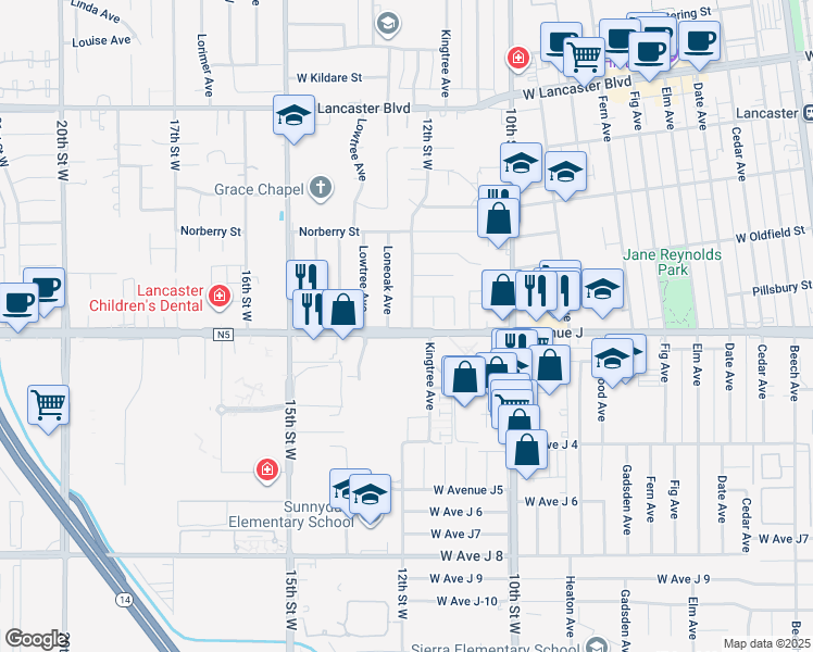 map of restaurants, bars, coffee shops, grocery stores, and more near 44405 12th Street West in Lancaster