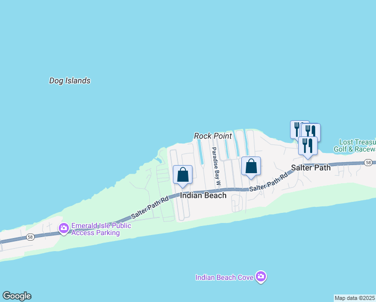 map of restaurants, bars, coffee shops, grocery stores, and more near 1550 Salter Path Road in Indian Beach