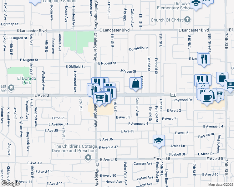 map of restaurants, bars, coffee shops, grocery stores, and more near 1137 East Avenue J in Lancaster