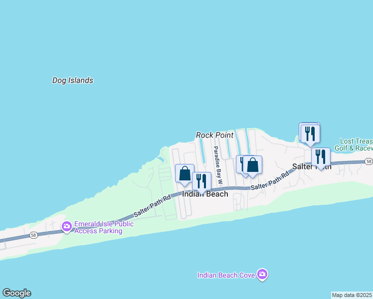 map of restaurants, bars, coffee shops, grocery stores, and more near 1550 Salter Path Road in Indian Beach