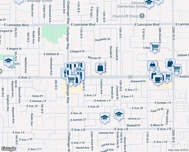 map of restaurants, bars, coffee shops, grocery stores, and more near 1103 Avenue J in Lancaster