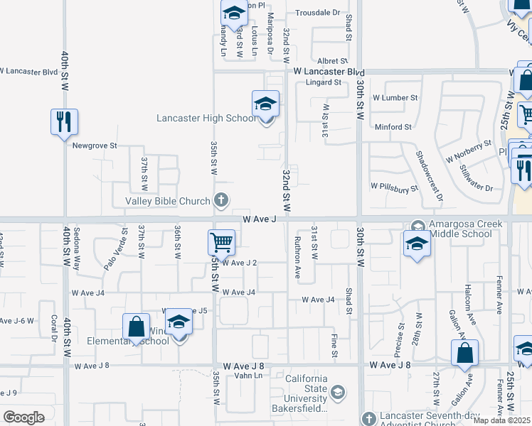 map of restaurants, bars, coffee shops, grocery stores, and more near 3233 West Avenue J in Lancaster