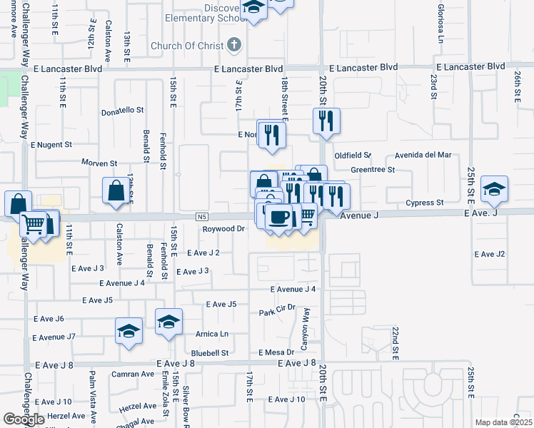 map of restaurants, bars, coffee shops, grocery stores, and more near 1748 East Avenue J in Lancaster