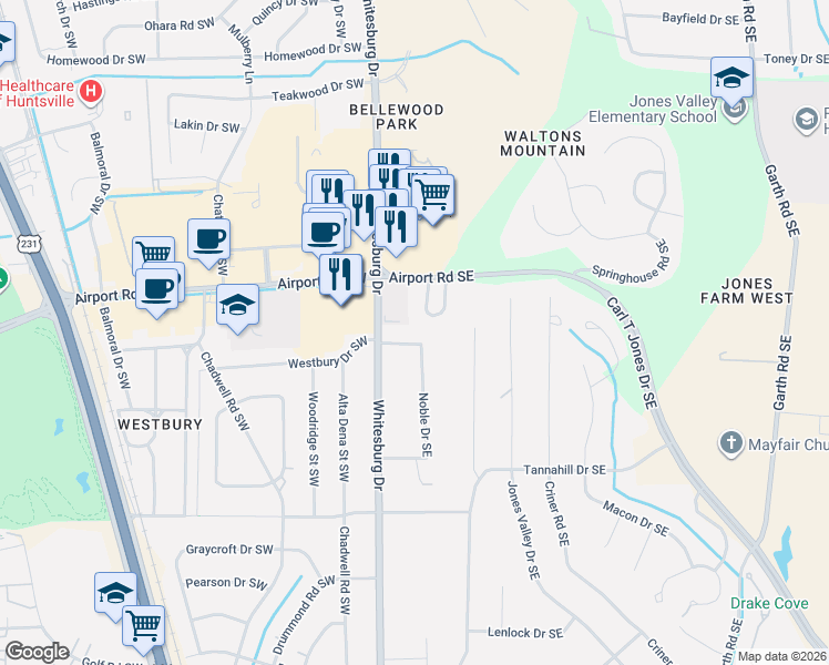map of restaurants, bars, coffee shops, grocery stores, and more near 104 Noble Drive Southeast in Huntsville