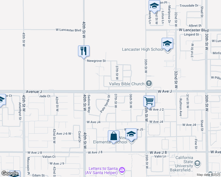 map of restaurants, bars, coffee shops, grocery stores, and more near 44339 37th Street West in Lancaster