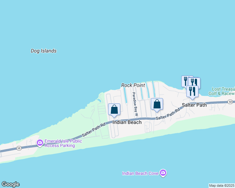 map of restaurants, bars, coffee shops, grocery stores, and more near 1550 Salter Path Road in Indian Beach