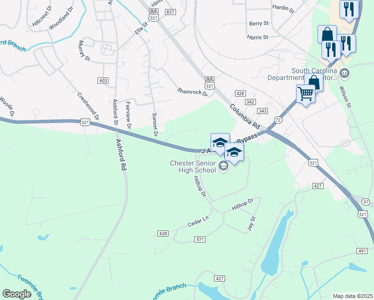 map of restaurants, bars, coffee shops, grocery stores, and more near 1324 J A Cochran Bypass in Chester