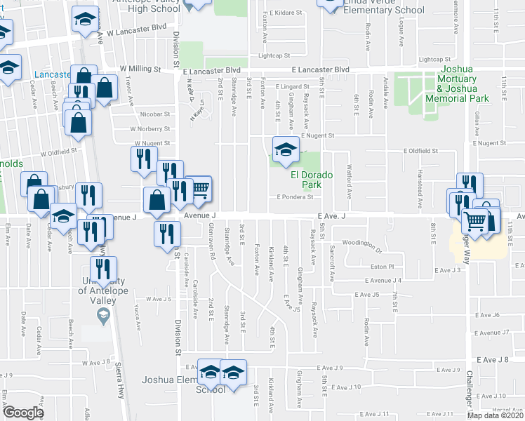 map of restaurants, bars, coffee shops, grocery stores, and more near 44405 Foxton Avenue in Lancaster