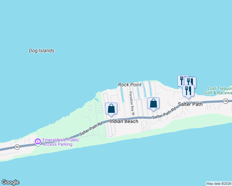 map of restaurants, bars, coffee shops, grocery stores, and more near 1550 Salter Path Road in Atlantic Beach