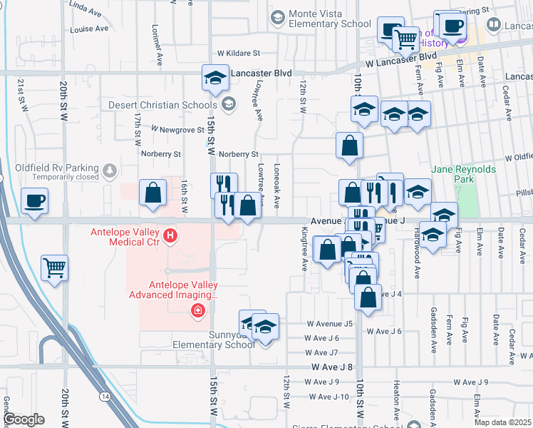 map of restaurants, bars, coffee shops, grocery stores, and more near 1237 West Avenue J in Lancaster