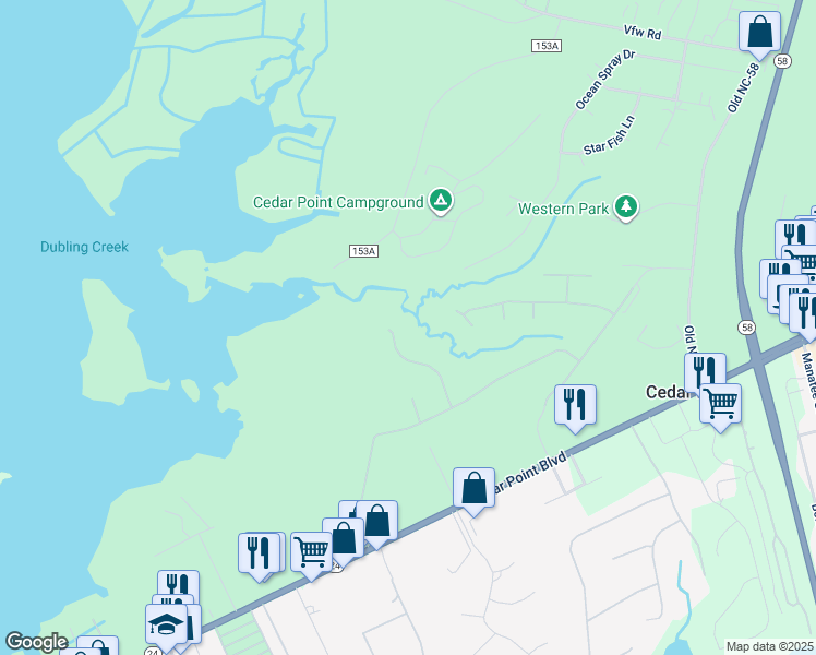 map of restaurants, bars, coffee shops, grocery stores, and more near 128 Sweet Grass Trail in Cedar Point