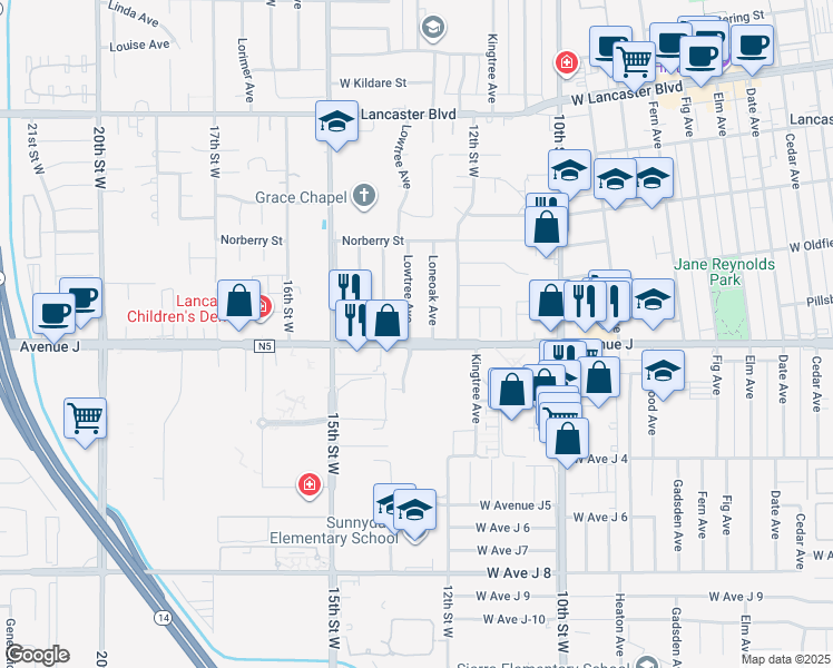 map of restaurants, bars, coffee shops, grocery stores, and more near 1237 West Avenue J in Lancaster