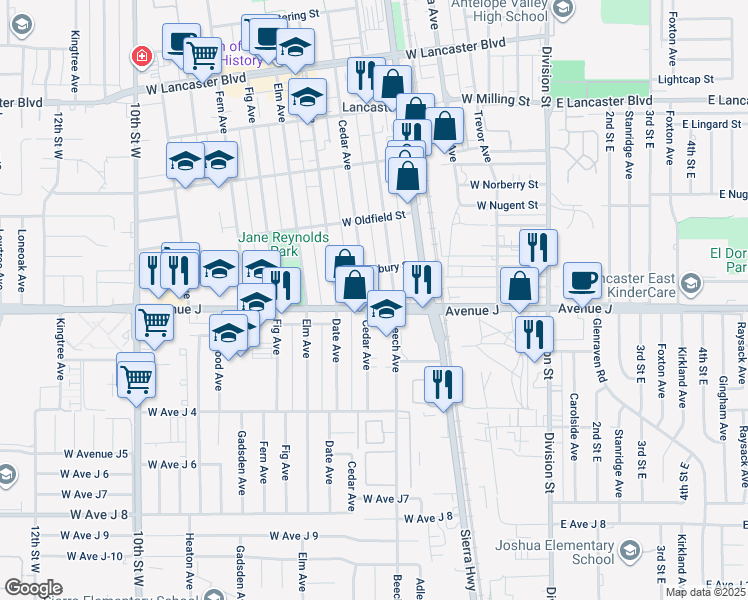 map of restaurants, bars, coffee shops, grocery stores, and more near 44433 Cedar Avenue in Lancaster