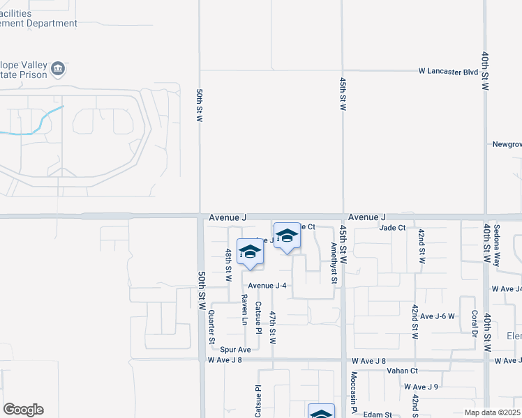 map of restaurants, bars, coffee shops, grocery stores, and more near Avenue J in Lancaster