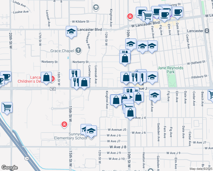 map of restaurants, bars, coffee shops, grocery stores, and more near 44411 Kingtree Avenue in Lancaster