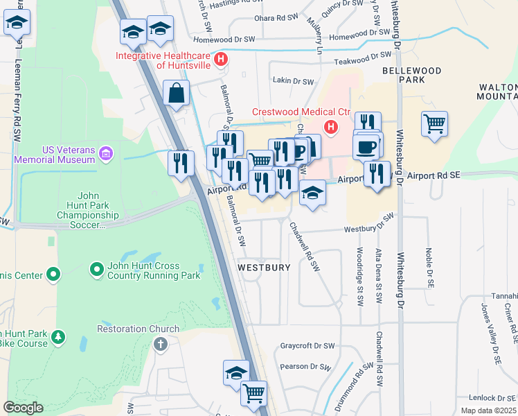 map of restaurants, bars, coffee shops, grocery stores, and more near 505 Airport Road Southwest in Huntsville
