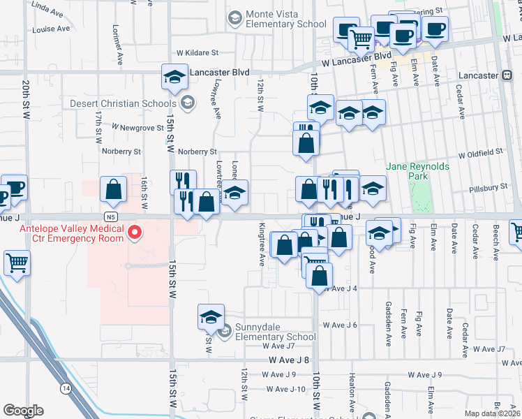 map of restaurants, bars, coffee shops, grocery stores, and more near 44411 Kingtree Avenue in Lancaster