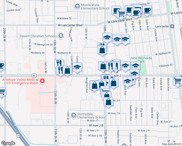 map of restaurants, bars, coffee shops, grocery stores, and more near 44415 11th Street West in Lancaster