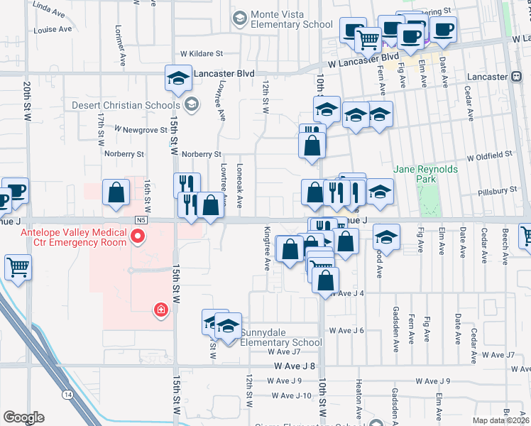 map of restaurants, bars, coffee shops, grocery stores, and more near 44435 12th Street West in Lancaster