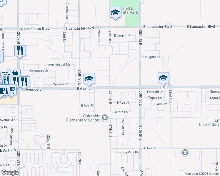 map of restaurants, bars, coffee shops, grocery stores, and more near 27th Street East in Lancaster