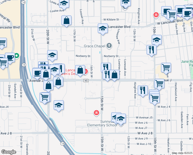 map of restaurants, bars, coffee shops, grocery stores, and more near 44444 16th Street West in Lancaster
