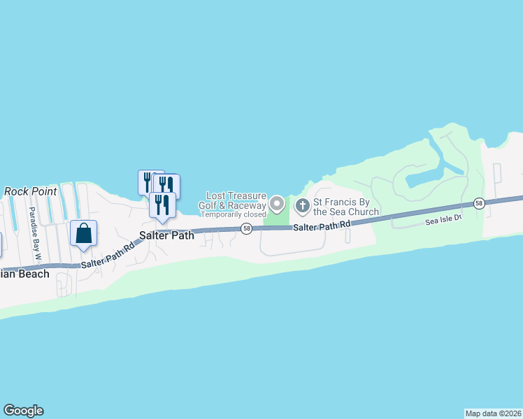 map of restaurants, bars, coffee shops, grocery stores, and more near 1010 Salter Path Road in Atlantic Beach