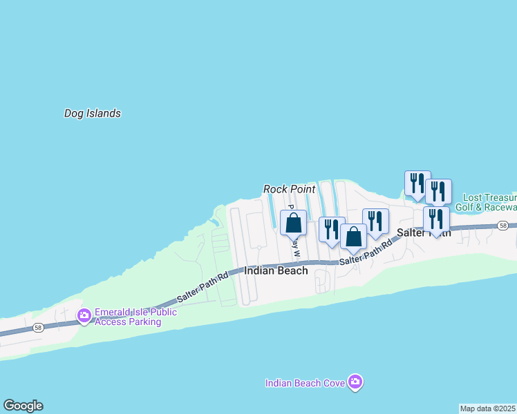 map of restaurants, bars, coffee shops, grocery stores, and more near 1550 Salter Path Road in Indian Beach