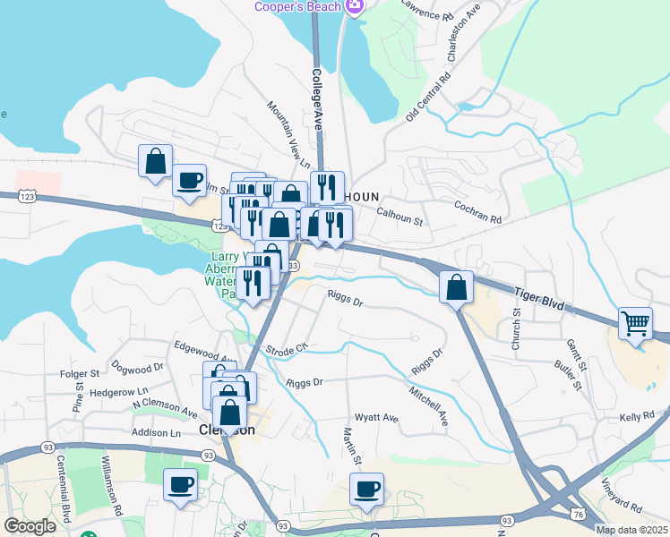 map of restaurants, bars, coffee shops, grocery stores, and more near 95293 Calhoun Memorial Highway in Clemson