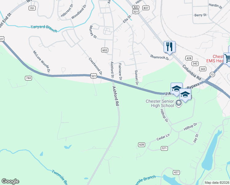 map of restaurants, bars, coffee shops, grocery stores, and more near 510 Ashford Road in Chester
