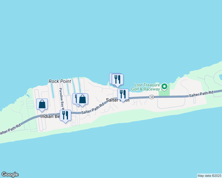map of restaurants, bars, coffee shops, grocery stores, and more near Shore Drive in Salter Path