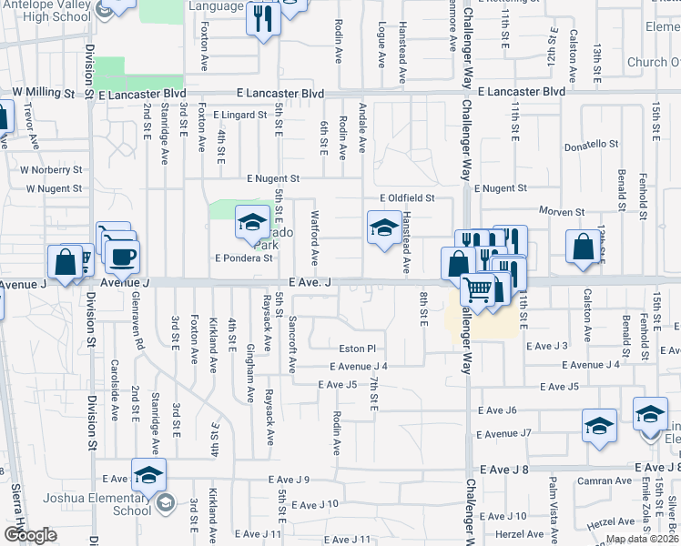 map of restaurants, bars, coffee shops, grocery stores, and more near 621 East Avenue J in Lancaster