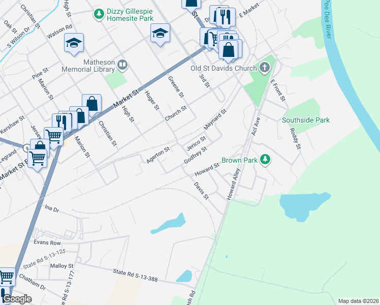 map of restaurants, bars, coffee shops, grocery stores, and more near 135 Maynard Street in Cheraw