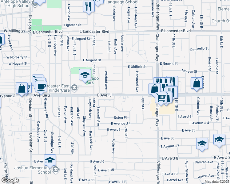 map of restaurants, bars, coffee shops, grocery stores, and more near 621 East Avenue J in Lancaster