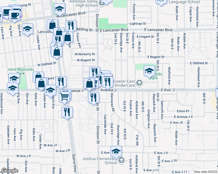 map of restaurants, bars, coffee shops, grocery stores, and more near Avenue J in Lancaster