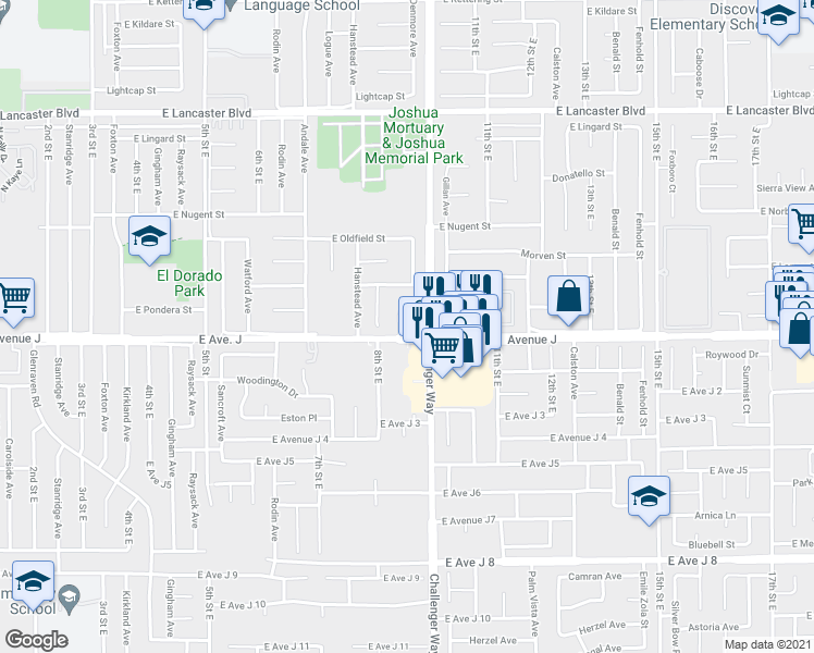 map of restaurants, bars, coffee shops, grocery stores, and more near 44408 Denmore Avenue in Lancaster