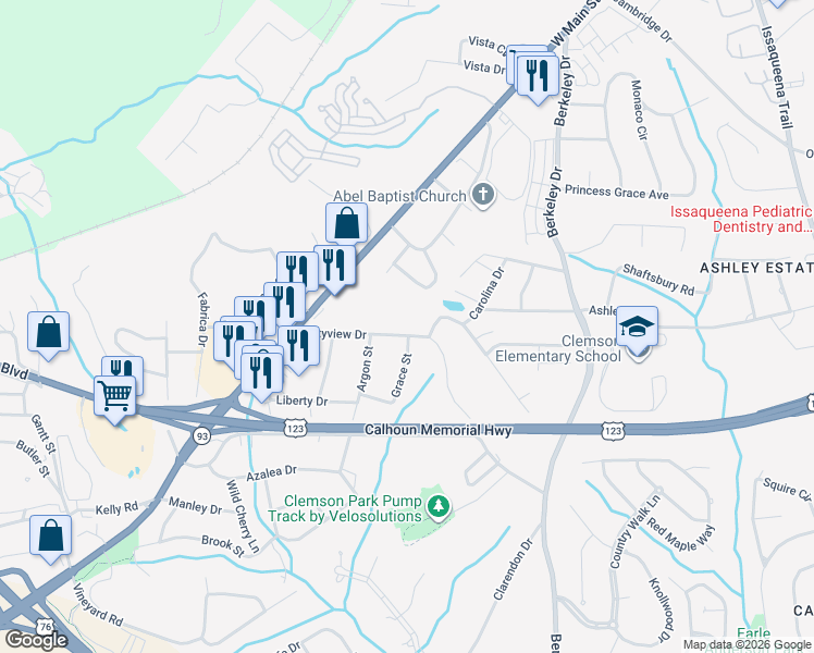 map of restaurants, bars, coffee shops, grocery stores, and more near 211 Skyview Drive in Clemson