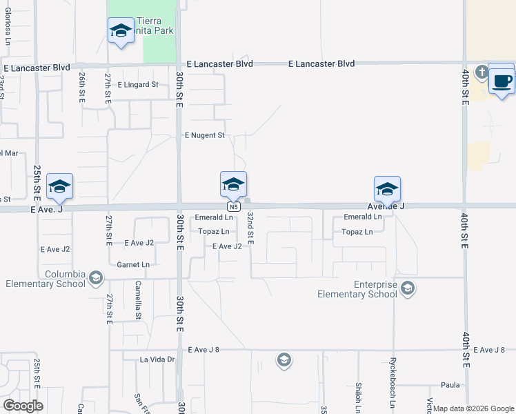 map of restaurants, bars, coffee shops, grocery stores, and more near 3270 East Avenue J in Lancaster