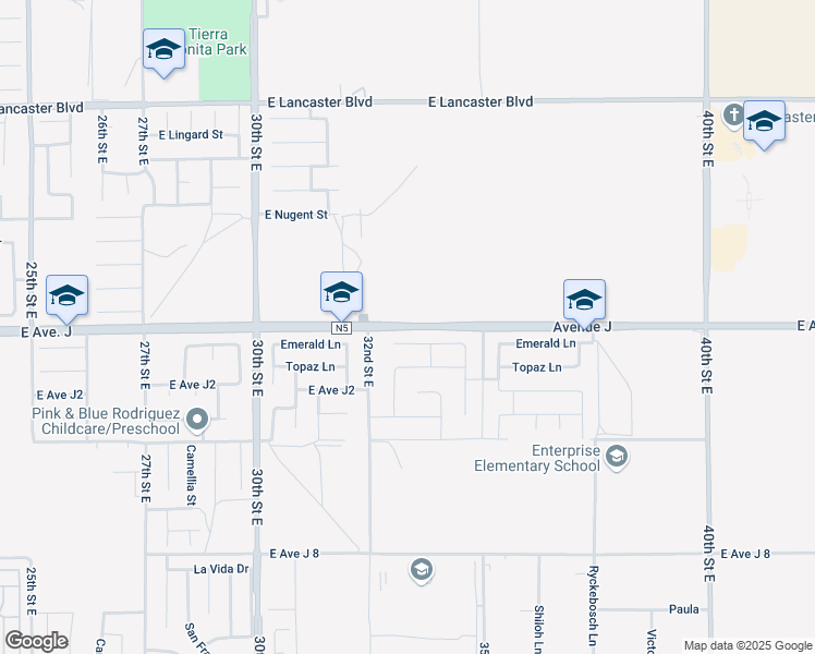 map of restaurants, bars, coffee shops, grocery stores, and more near 3328 East Avenue J in Lancaster