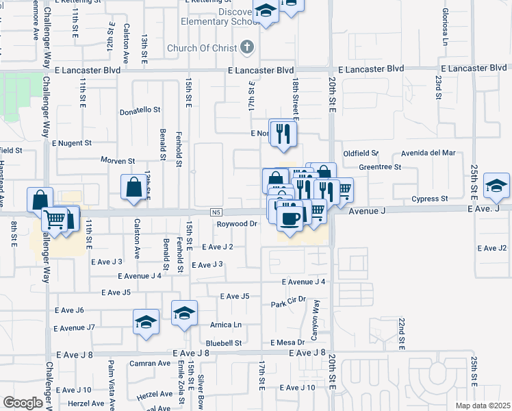 map of restaurants, bars, coffee shops, grocery stores, and more near 1647 Gardenia Court in Lancaster