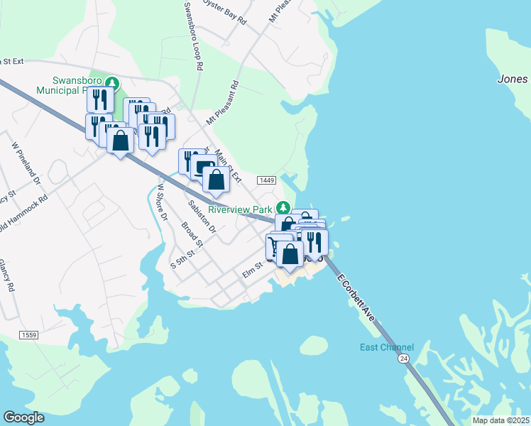 map of restaurants, bars, coffee shops, grocery stores, and more near 202 Harbour View in Swansboro
