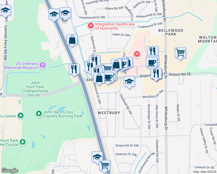 map of restaurants, bars, coffee shops, grocery stores, and more near 505 Airport Road Southwest in Huntsville