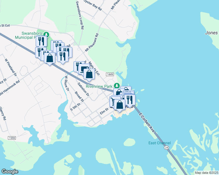 map of restaurants, bars, coffee shops, grocery stores, and more near 105 Main Street Extension in Swansboro