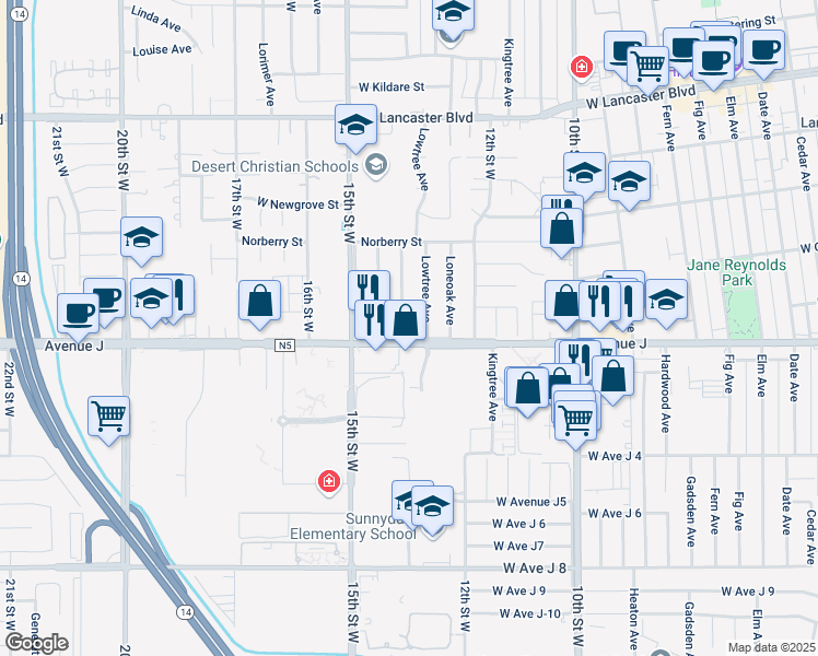 map of restaurants, bars, coffee shops, grocery stores, and more near 44414 Leatherwood Avenue in Lancaster