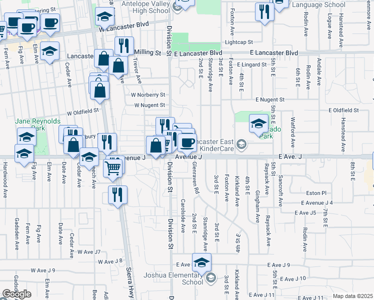 map of restaurants, bars, coffee shops, grocery stores, and more near 44416 Division Street in Lancaster