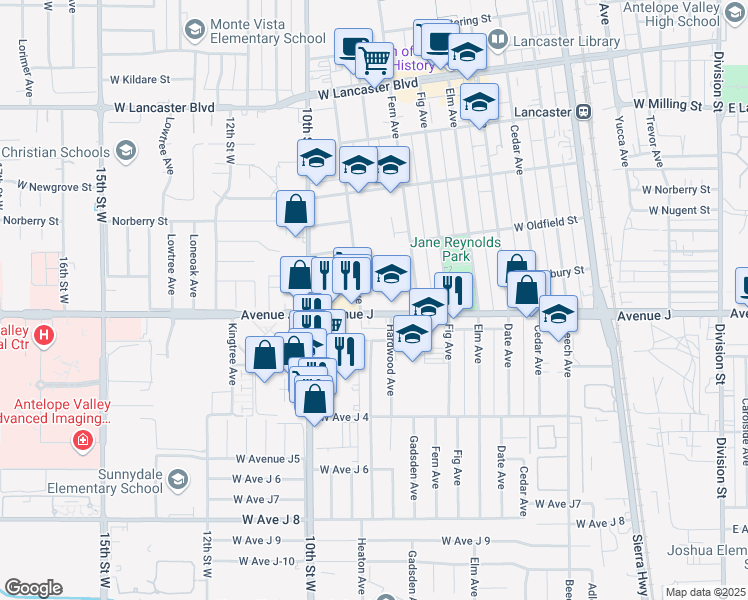 map of restaurants, bars, coffee shops, grocery stores, and more near Genoa Avenue in Lancaster
