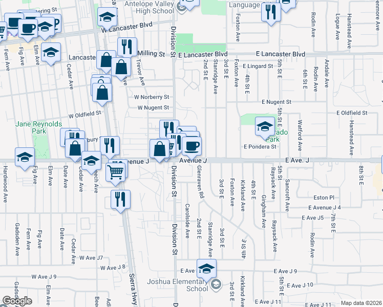 map of restaurants, bars, coffee shops, grocery stores, and more near 127 East Avenue J in Lancaster