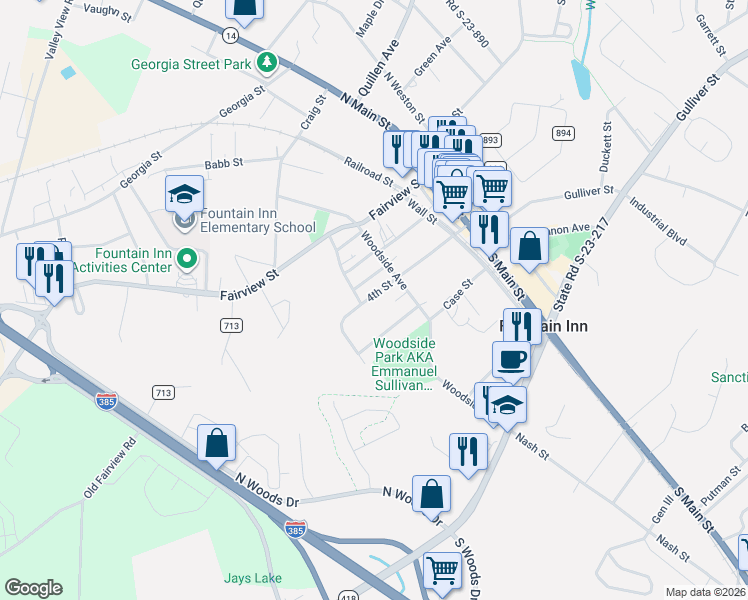map of restaurants, bars, coffee shops, grocery stores, and more near 109 State Road 286 in Fountain Inn