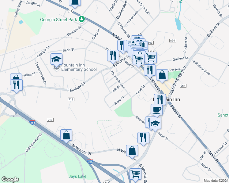 map of restaurants, bars, coffee shops, grocery stores, and more near 115 4th Street in Fountain Inn
